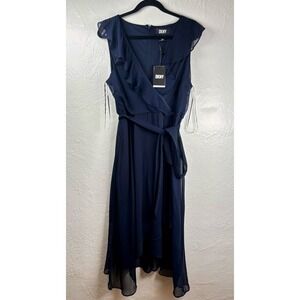 NWT DKNY Navy Blue Ruffle Wrap Midi Dress Sz 14 Prom HOCO‎ Formal Fairy Glam